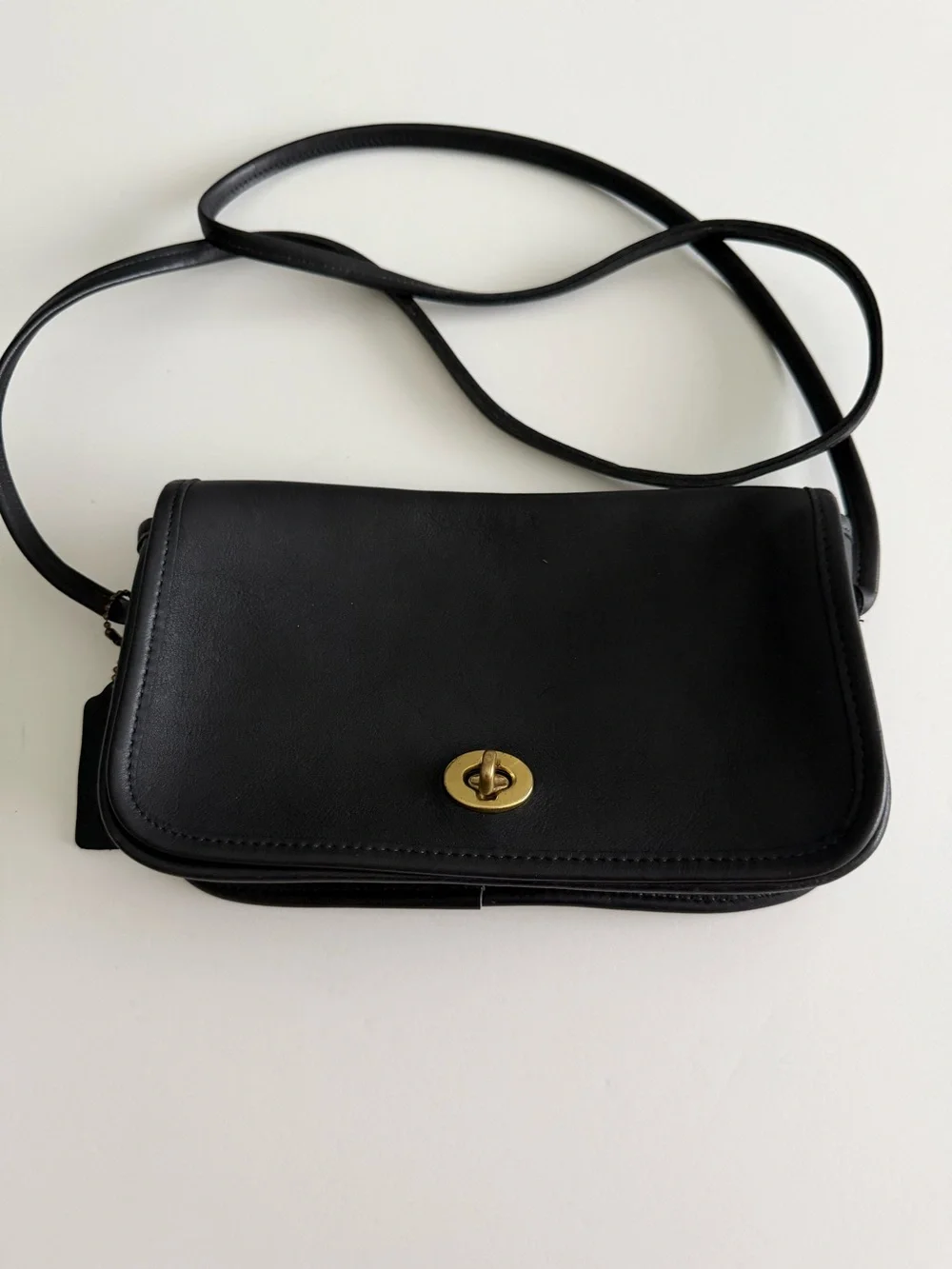Coach Vintage Black Leather Crossbody with Gold Turnlock Hardware